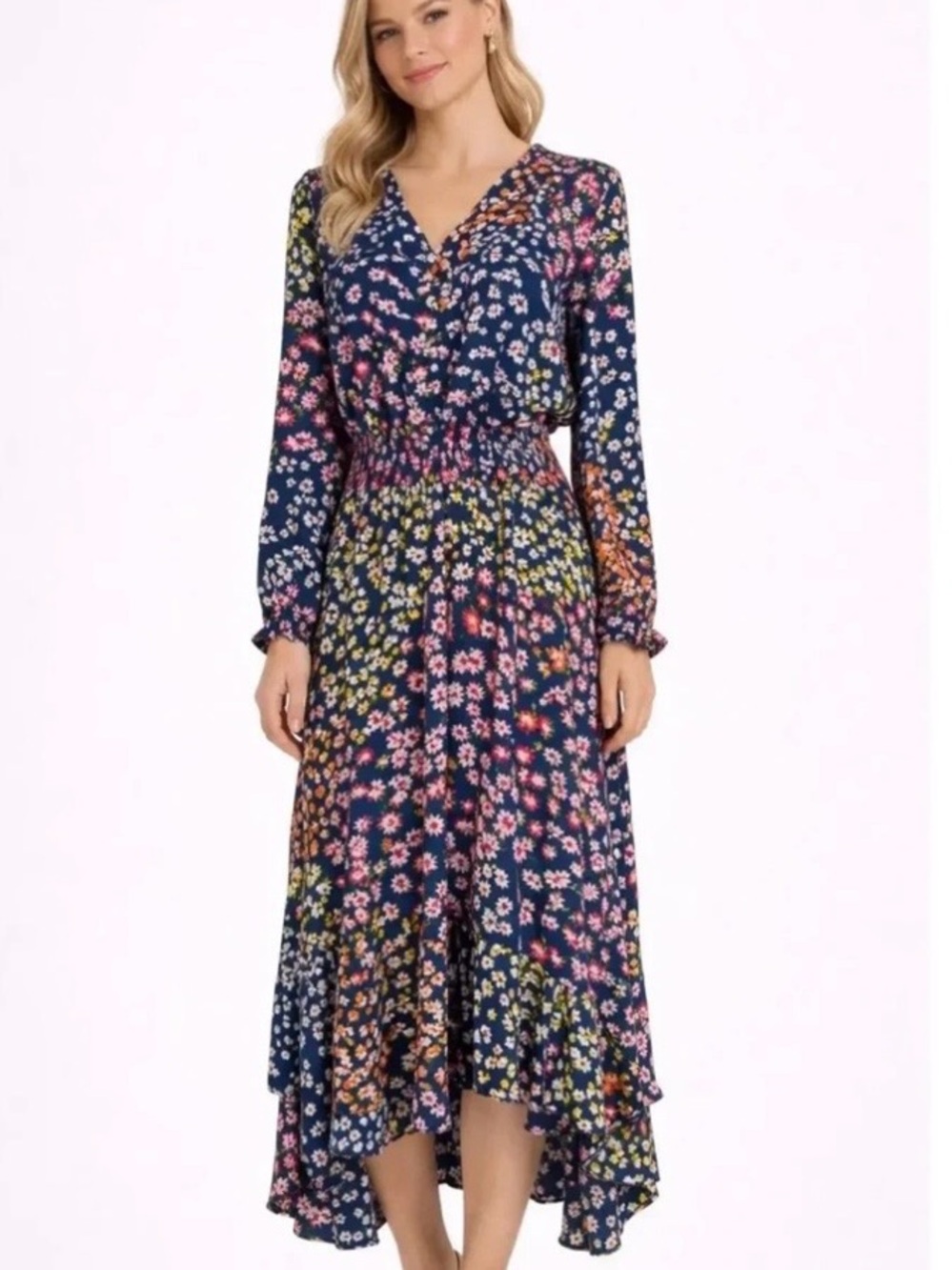 Nanette Lepore Navy Multi-Color Floral High-Low Midi Dress